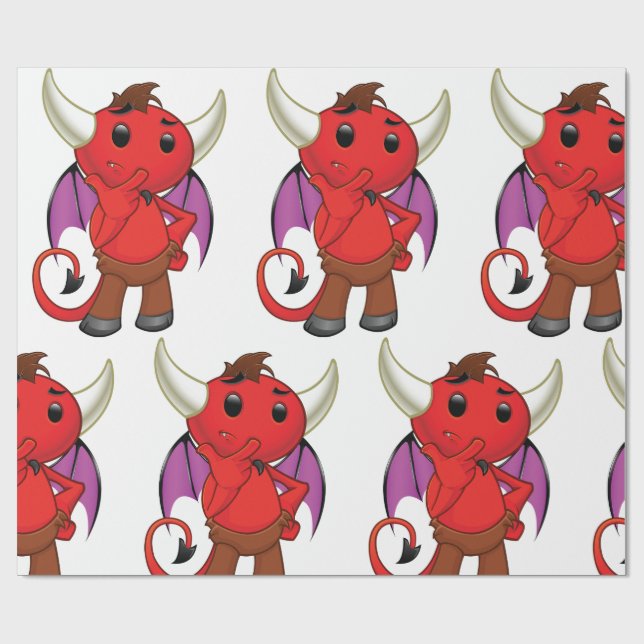 Papier Cadeau Cute Red Devil Character Thinking Mischievous (Plat)