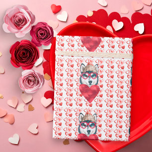 Papier Cadeau Cute Red Hearts Husky Amoureux des chiens Valentin