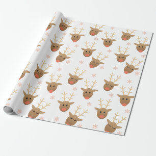Papier Cadeau Cute Reindeer Motif Snowflakes Orange Brown