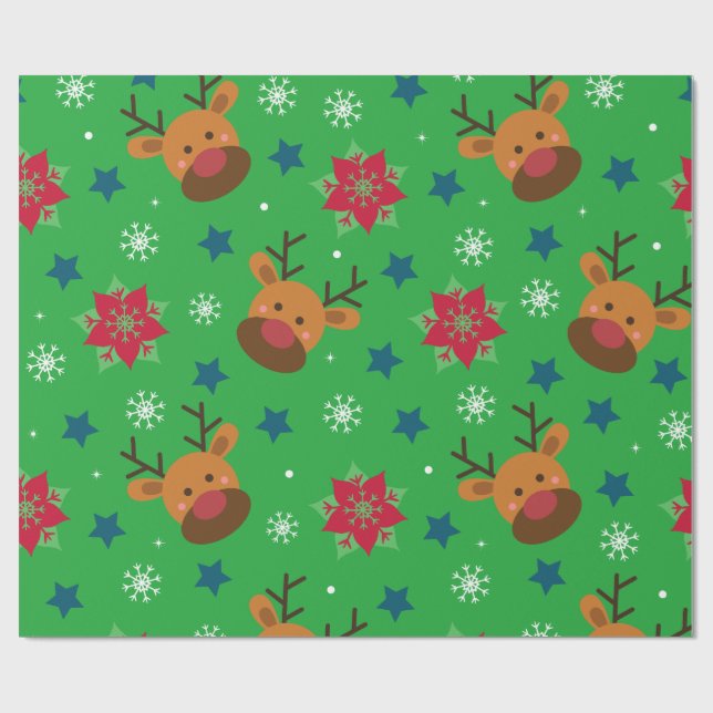 Papier Cadeau Cute Reindeer & Snowflake Christmas Wrapping Paper (Plat)