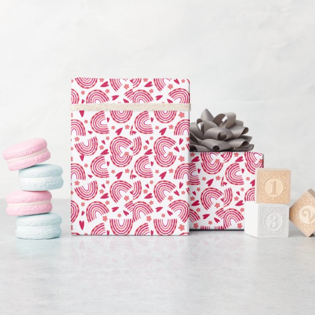 Papier Cadeau Cute Rose Arc-en-ciel & Coeurs Motifs Enfants (Baby Shower)