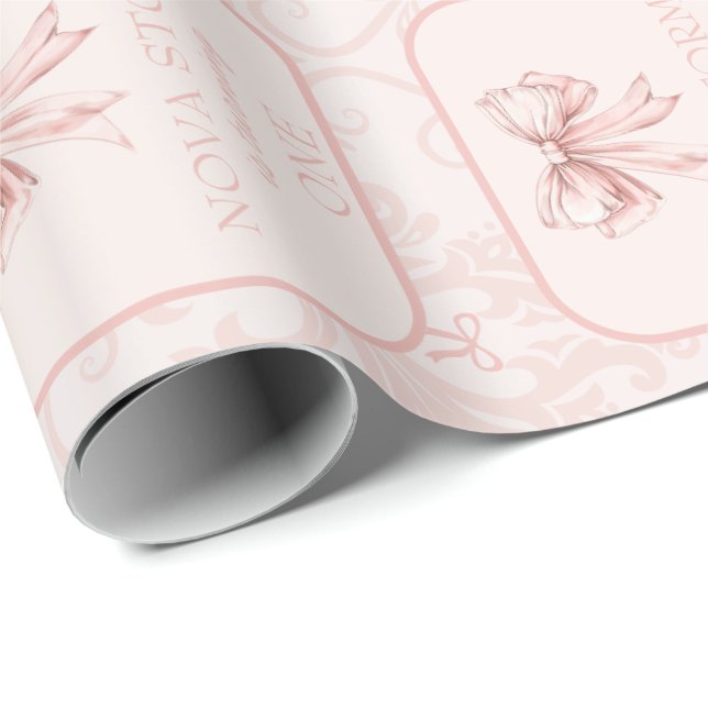 Papier Cadeau Cute Rose Bow Coquette Toile Personnalisé Annivers (Coin rond)