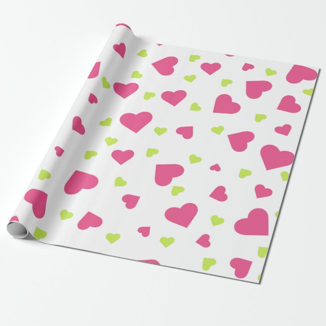 Papier Cadeau Cute rose et vert Tumbling Hearts Motif (Déroulé)