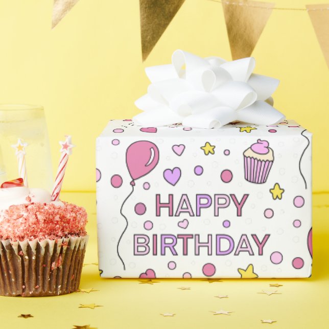 Papier Cadeau Cute Rose Joyeux Cupcakes d'anniversaire, étoiles  (Fête d'anniversaire)
