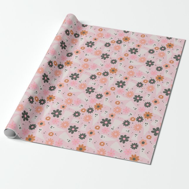Papier Cadeau Cute rose Retro Floral Fantômes Halloween (Déroulé)