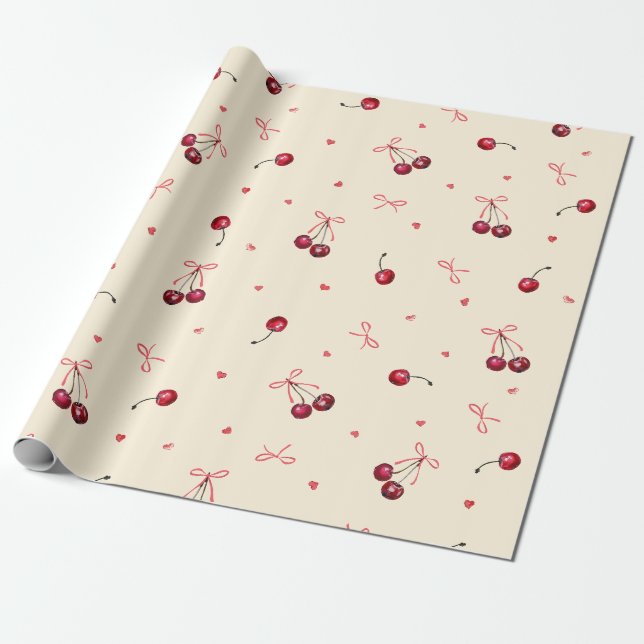Papier Cadeau Cute Rose Rouge Cerises Coeurs Bows Crème (Déroulé)