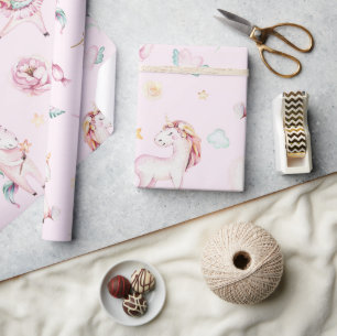 Papier Cadeau Cute rose Unicornes Boho Baby shower Floral