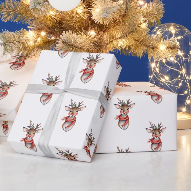 Papier Cadeau Cute Rudolph Reindeer Aquarelle hiver Vacances (Vacances)