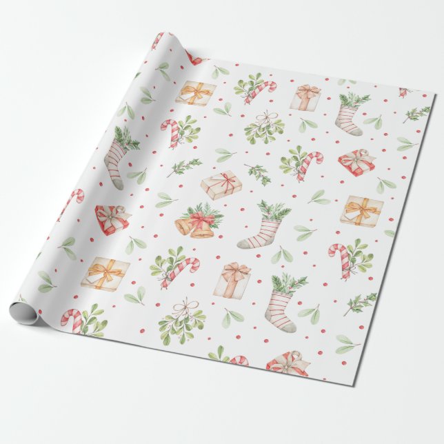 Papier Cadeau Cute Rustique Aquarelle Motif de Noël (Déroulé)
