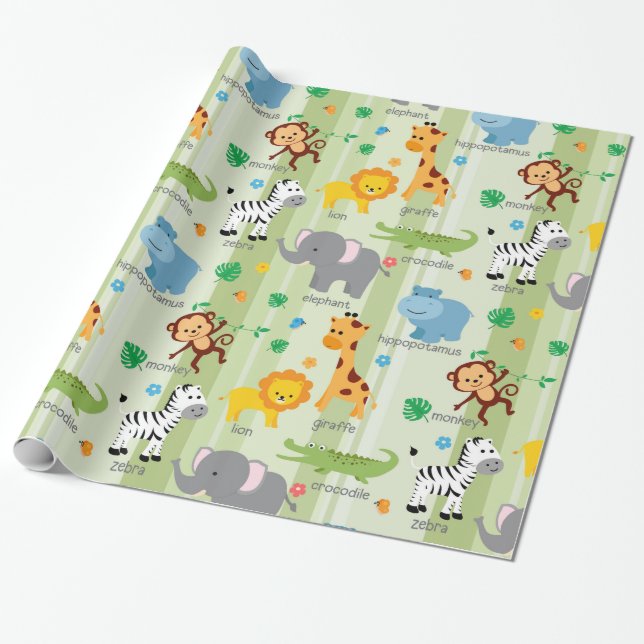 Papier Cadeau Cute Safari Animaux Nursery Motif (Déroulé)