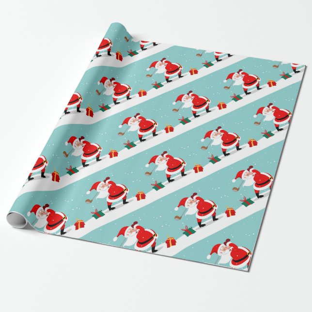 Papier Cadeau Cute Santa Claus plays golf illustration (Déroulé)