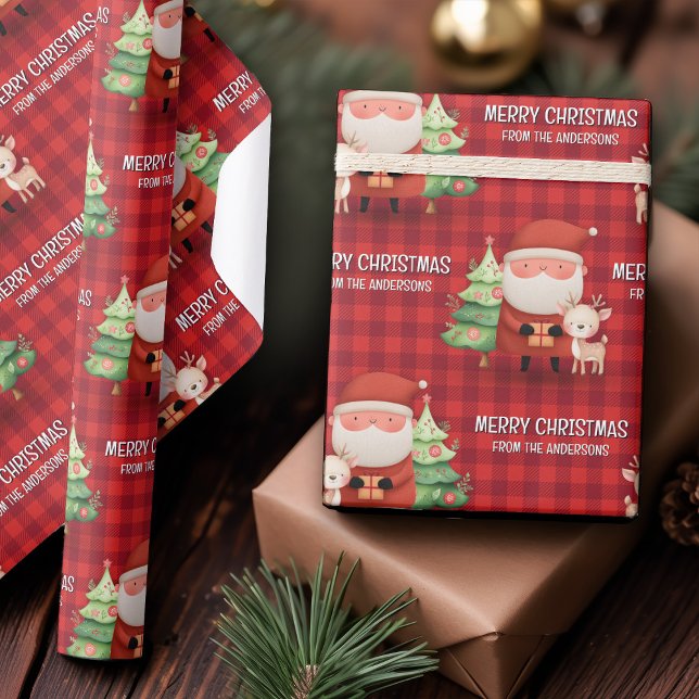 Papier Cadeau Cute Santa Reindeer Merry Christmas Name Red (Cute Santa Reindeer Merry Christmas Name Red Wrapping Paper)