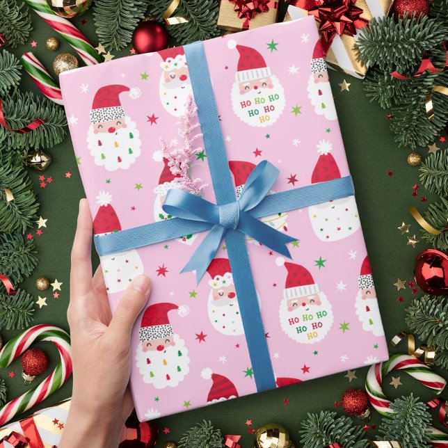 Papier Cadeau Cute Santas aux barbes festives rose (Créateur téléchargé)