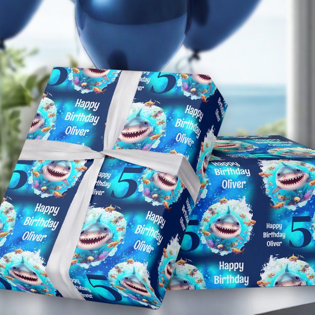 Papier Cadeau Cute Shark Boy Anniversaire Nom du texte Papier d' (Cute Shark Boy Birthday Text Wrapping Paper)