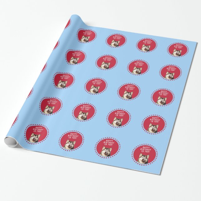 Papier Cadeau Cute Siberian Husky Joyeux Points rouges bleus d'a (Déroulé)