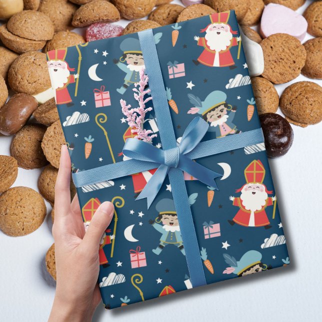 Papier Cadeau Cute Sinterklaas et Piet Motif sur marine (Créateur téléchargé)