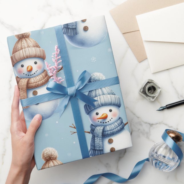 Papier Cadeau Cute Snowman Blue Snowy Background Christmas (Cadeaux)