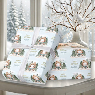 Papier Cadeau Cute Snowman Hiver 1er anniversaire Nom du garçon 