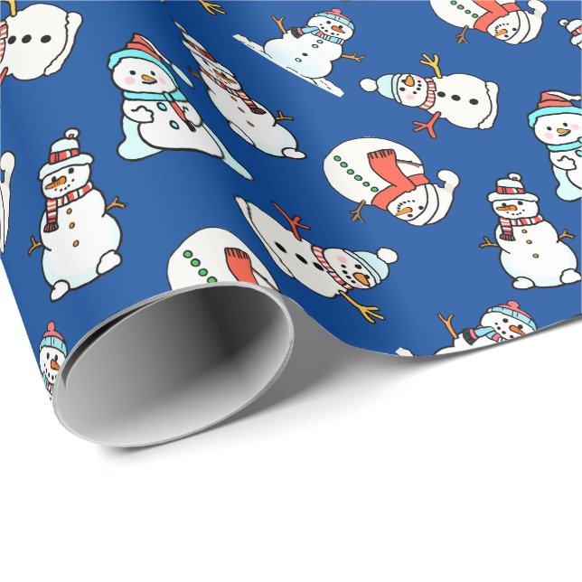 Papier Cadeau Cute Snowmen Marine Motif bleu (Coin rond)