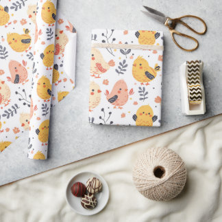 Papier Cadeau Cute Spring Chicks et modèle floral