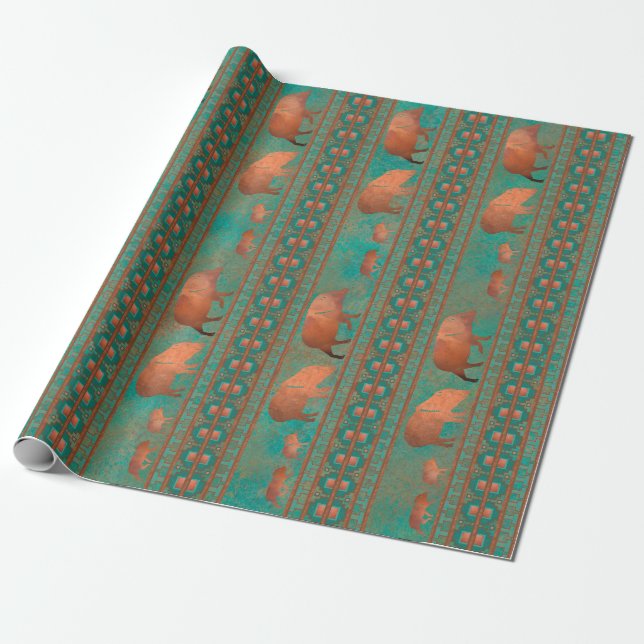 Papier Cadeau Cute sud-ouest Javelina Famille Cuivre Turquoise (Déroulé)