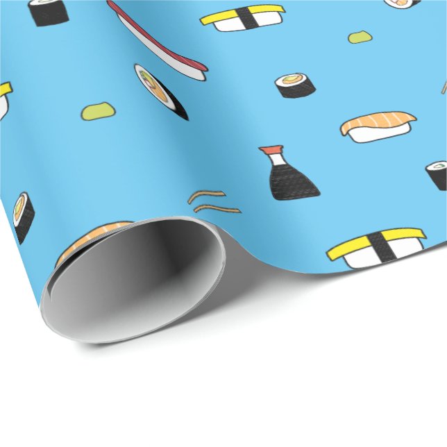 Papier Cadeau Cute Sushi Roll Set Motif Nigiri Maki bleu clair (Coin rond)
