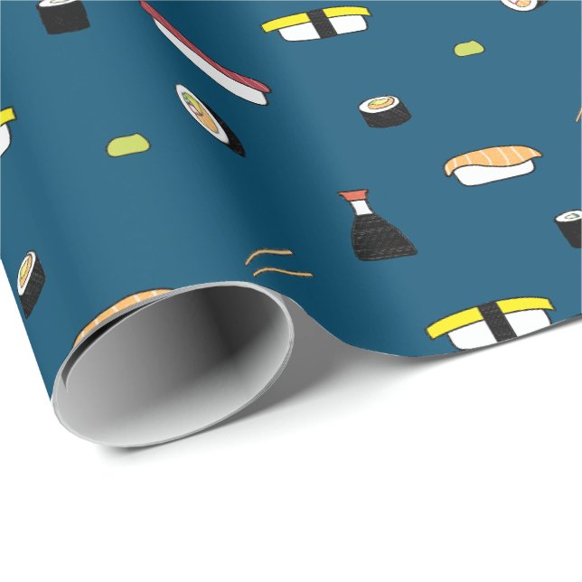 Papier Cadeau Cute Sushi Roll Set Motif Nigiri Maki bleu océan (Coin rond)