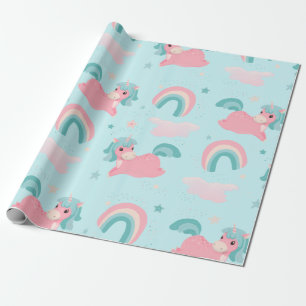 Papier Cadeau Cute Unicorn rose et Motif de menthe
