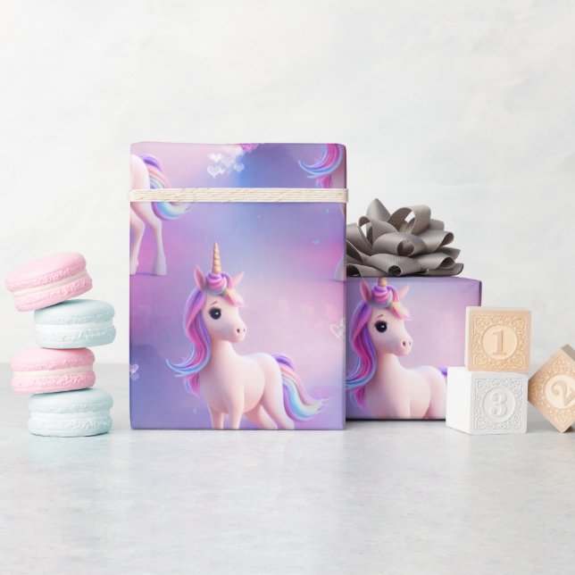 Papier Cadeau Cute Unicorne Blanche Avec Rose & Bleu Mane (Baby Shower)