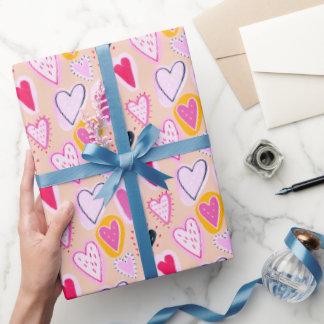Papier Cadeau Cute Valentine & Birthday Hearts Doodle Pink