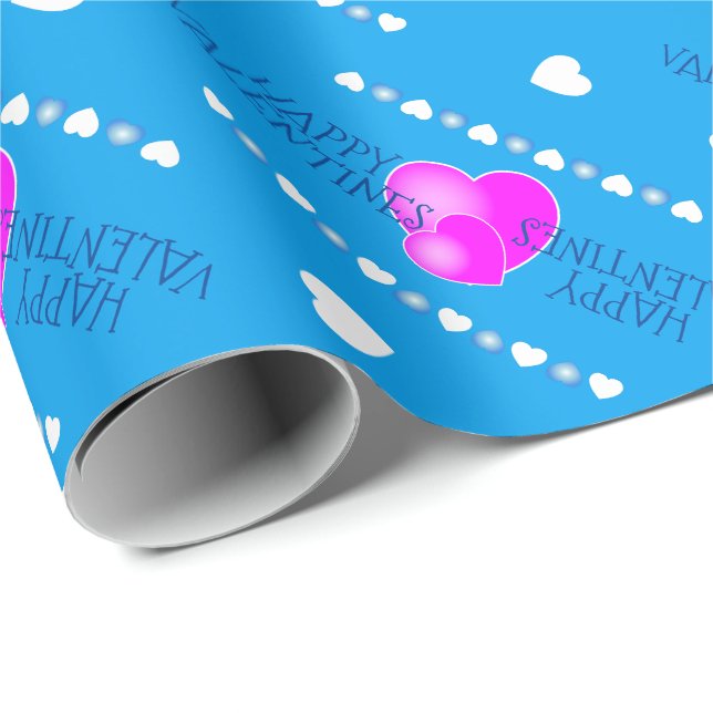 Papier Cadeau Cute Valentines Coeurs rose et blanc sur BLEU (Coin rond)