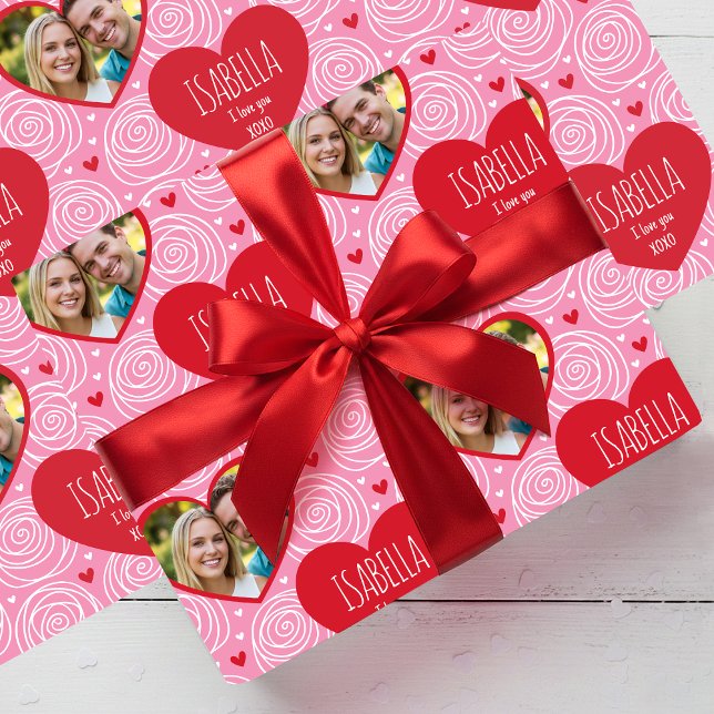 Papier Cadeau Cute Valentine's Day Photo Name Hearts & Roses (Créateur téléchargé)