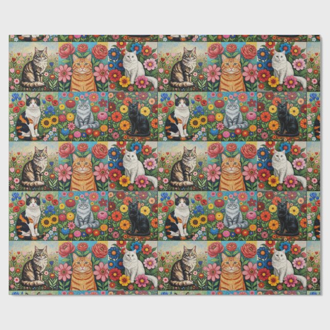 Papier Cadeau Cute Whimsical Cats and Folk Art Flowers (Plat)
