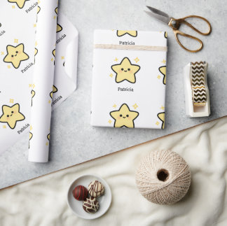 Papier Cadeau Cute whimsical yellow kawaii star monogram