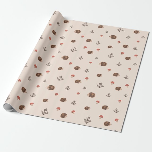 Papier Cadeau Cute Woodland Hérisson et Motif de champignons (Déroulé)