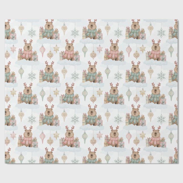 Papier Cadeau Cute Woodland Reindeer Capybara Christmas  (Plat)