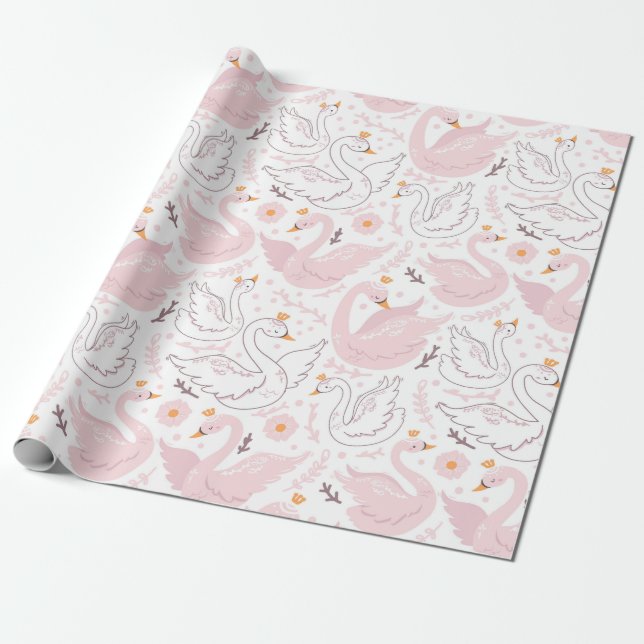 Papier Cadeau Cygne floral rose élégant (Déroulé)