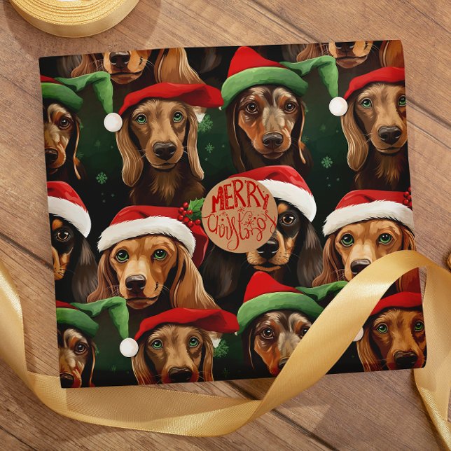 Papier Cadeau Dachshund avec Casquettes de Noël sans couture mot (Créateur téléchargé)