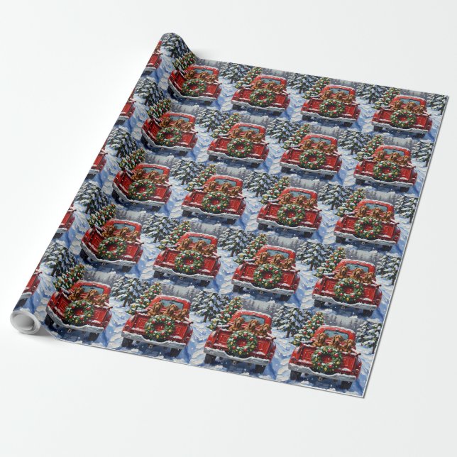Papier Cadeau Dachshund Christmas Red Truck Holiday (Déroulé)