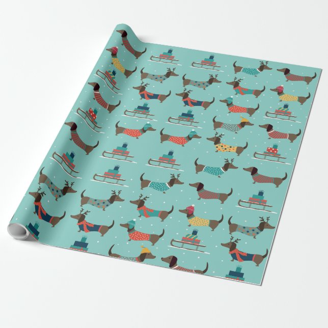 Papier Cadeau Dachshund mignon et traîneau avec cadeaux (Déroulé)