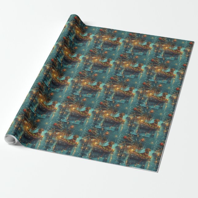 Papier Cadeau Dachshund Noël Festive Voyage (Déroulé)