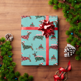 Papier Cadeau Dachshunts de Noël portant un chandail et un chape