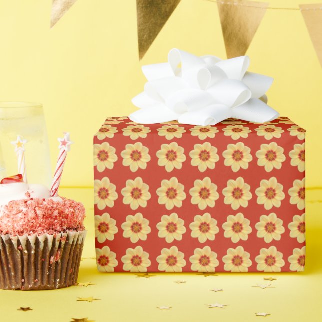 Papier Cadeau Dahlia jaune motif floral sur rouge (Fête d'anniversaire)
