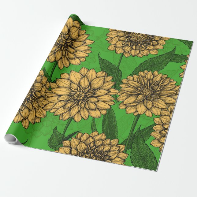 Papier Cadeau Dahlias en jaune et vert (Déroulé)