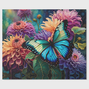 Papier Cadeau Dahlias Et Papillon Vert Bleu Iridescente