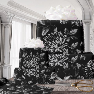 Papier Cadeau Dahlias Vintage noir et blanc surdimensionné