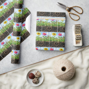 Papier Cadeau Daisy et Zinnia Amour Cœur dans le Jardin