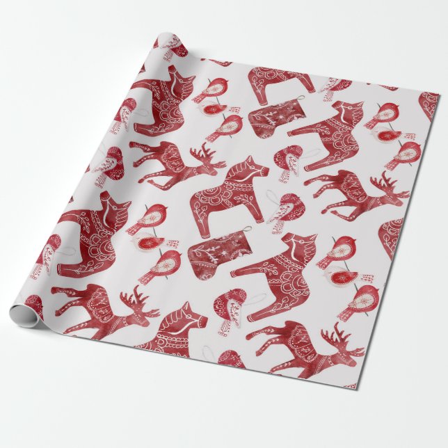Papier Cadeau Dala de Noël scandinave Cheval Art folklorique (Déroulé)