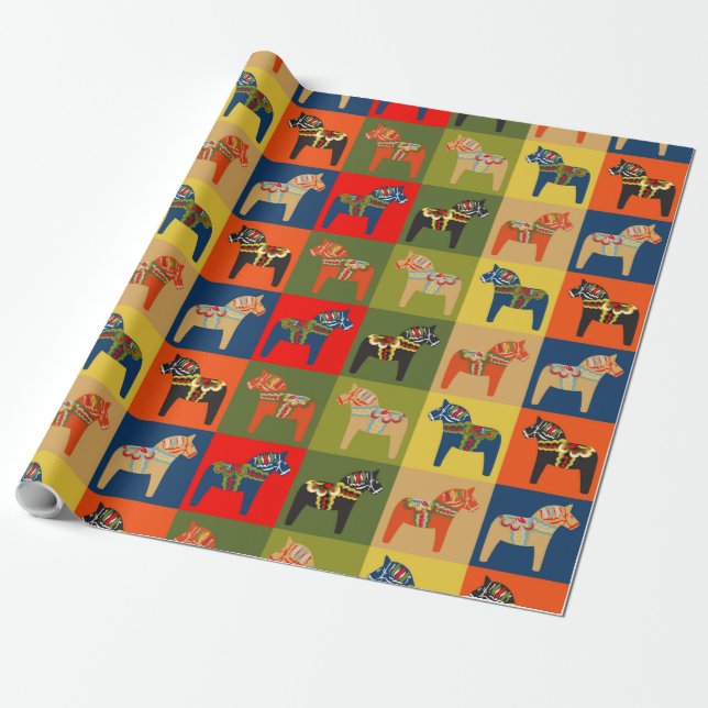 Papier Cadeau  Dala Horse Swedish Folk Art Motif (Déroulé)
