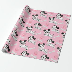 Papier Cadeau Dalmatiens Chiots Taches Noires Jouet Balle Rose B
